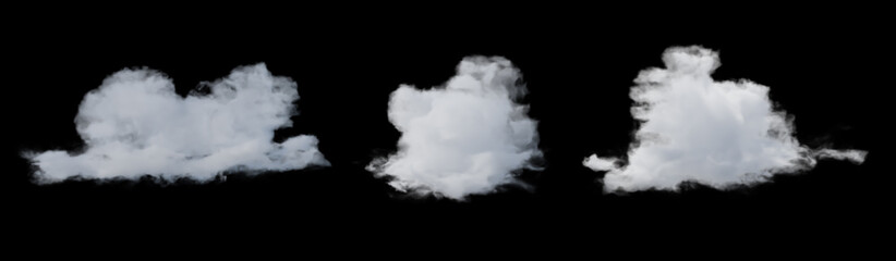 Fototapeta premium Three White Clouds And Smoke Isolated On Black Background For Compositing 3D Rendering