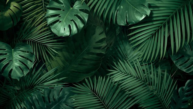 Lush tropical monstera and palm leaves create a vibrant natural texture backdrop showcasing deep green foliage patterns that offer a refreshing organic aesthetic for modern botanical interior design