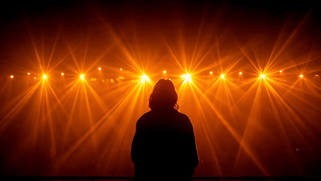 Silhouette of a person facing bright orange stage lights with dramatic rays, concept for concert events, entertainment shows and theatrical performances