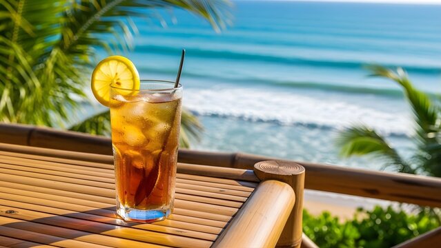 A refreshing glass of iced tea served on a bamboo table overlooking the beautiful tropical ocean