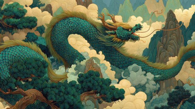 Majestic Korean myth dragon soaring over a forested landscape with clouds and pines
