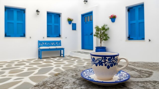 A serene morning scene featuring a decorative coffee cup on a stone table in a classic greek patio