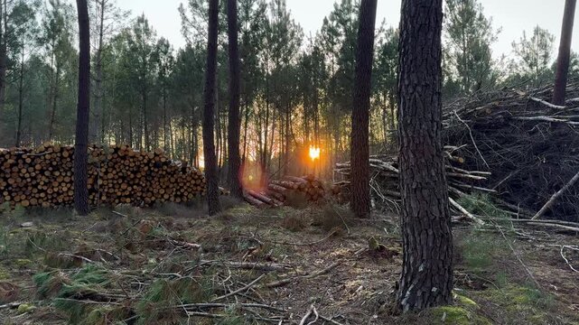 Sunset through pine forest with cut log stacks on floor