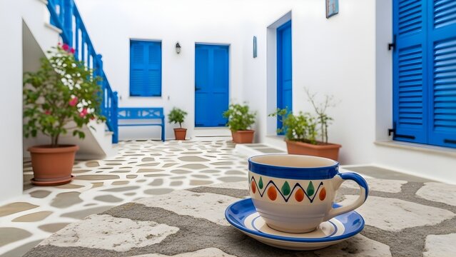A cup of coffee on a stone table in a traditional white and blue courtyard in greece at daytime