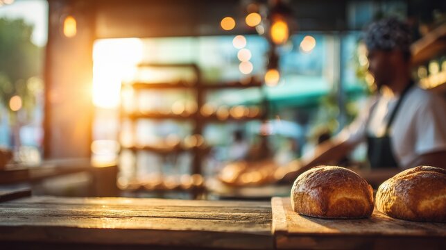 Bakery Opens in the Morning With Warm Light and Baker Pulling Bread From Oven in the Background With Empty Copy Space Available