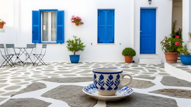 A patterned coffee cup resting on a stone table in a sunny mediterranean courtyard in greece