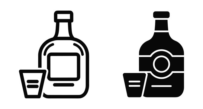 Alcohol bottle and shot glass icon set featuring tequila whiskey vodka or rum in outline and solid black styles