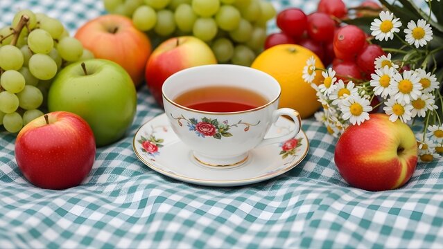 A charming teacup surrounded by fresh apples, grapes, a ripe orange and flowers on a picnic cloth