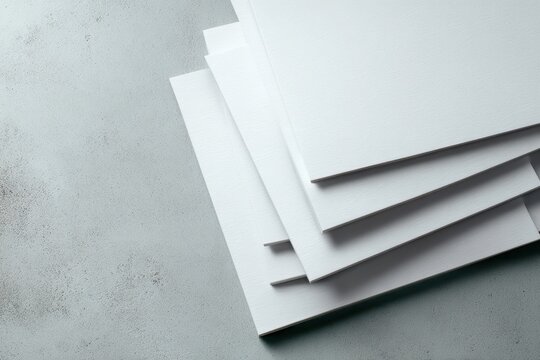 Clean, organized sheets for brochure templates arranged in a pile on grey backdrop