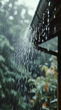 Raindrops fall from a gutter onto a roof during heavy rain. The background shows green plants in a garden. This captures the sound and sight of rainfall