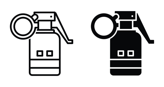 Hand grenade icon set featuring outline and solid black styles for military weapon explosive combat defense tactical equipment symbol design