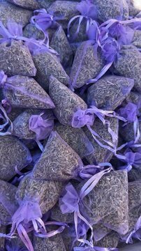 Lavender sachets in lilac organza bags close-up texture