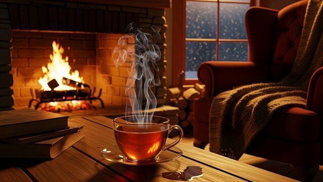 A steaming cup of tea sitting on a wooden table in front of a warm fireplace during the winter