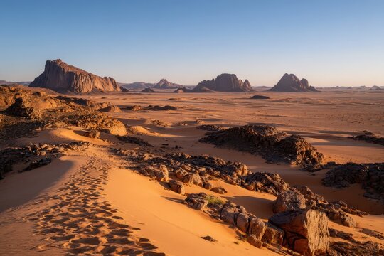 Golden hour scene over a vast Algerian desert plateau, wind-carved dunes and rugged Hoggar backdrop
