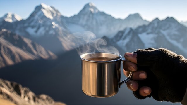 A steaming metal mug held by a gloved hand against a backdrop of majestic snowy mountain peaks