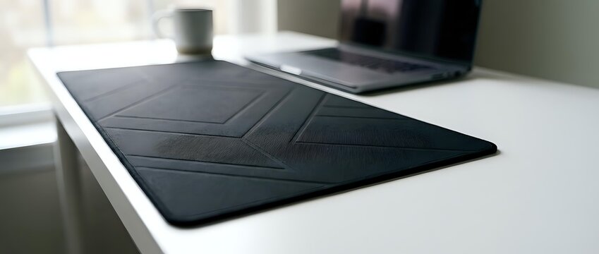 Black leather desk mat with geometric stitched pattern on white office desk next to laptop computer for modern workspace organization and protection.