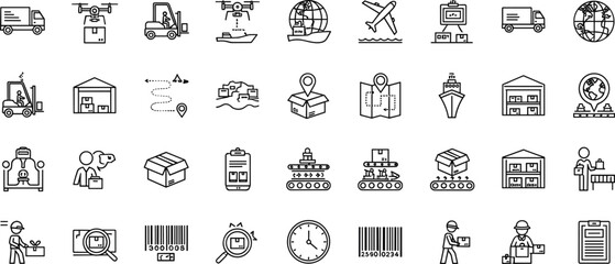Logistics and global shipping line icon set featuring warehouse transport delivery minimal outline vector collection © MdMahfujAhmmed
