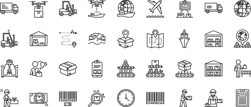 Logistics and global shipping line icon set featuring warehouse transport delivery minimal outline vector collection