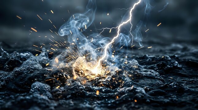 Dramatic lightning strike hitting rocky ground with explosive sparks and smoke effects during intense thunderstorm creating powerful energy burst.