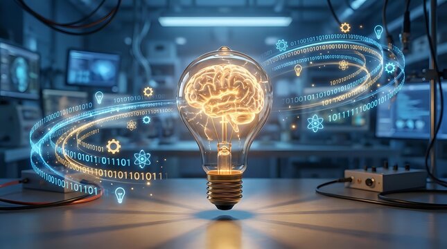 Glowing lightbulb with brain inside surrounded by digital data streams and binary code in futuristic laboratory setting representing AI innovation.
