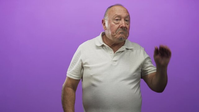 Man cupping ear with hand and leaning forward in studio with purple backdrop, wearing a polo shirt while squinting in a listening gesture; hearing difficulty frustration.