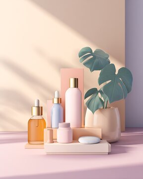 Minimal pastel skincare product still life with dropper bottles, cream jar and potted Monstera on soft pink backdrop