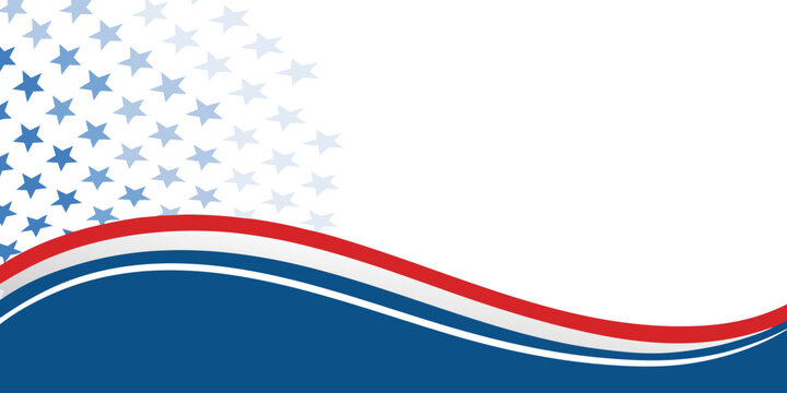 Red white and blue wavy background with a cluster of faded stars on the left side and patriotic curved stripes at the bottom
