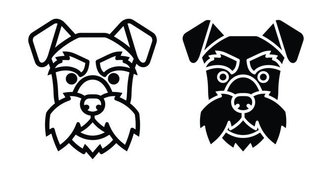Schnauzer dog head icon set featuring minimalist line art and solid black silhouette designs for pet logos and animal branding