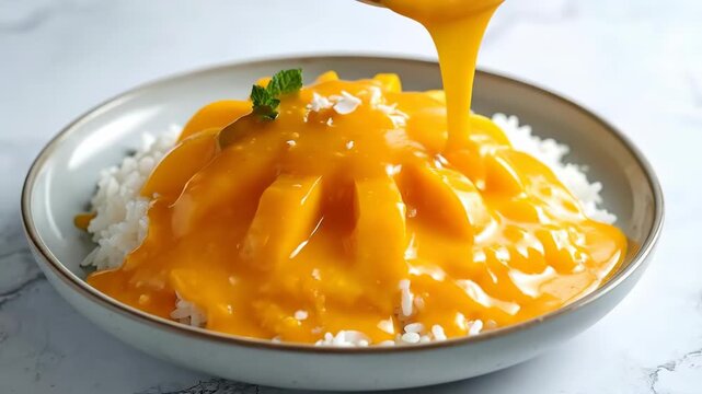 Delicious Mango Sticky Rice Dessert with Coconut Milk and Fresh Mango.