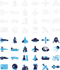 Set of space and transport icons in blue and white outlines and solid colors. © Asif
