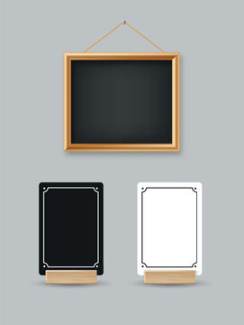 Menu Card table holder stand mockup. Paper flyer mock up template. Event promotion wooden frame. Restaurant label. Vector