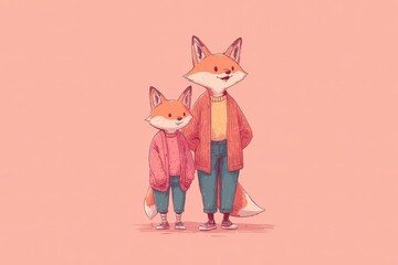 Fototapeta premium Whimsical illustration of a mother fox and her young daughter in relaxed weekend wear against a pink backdrop