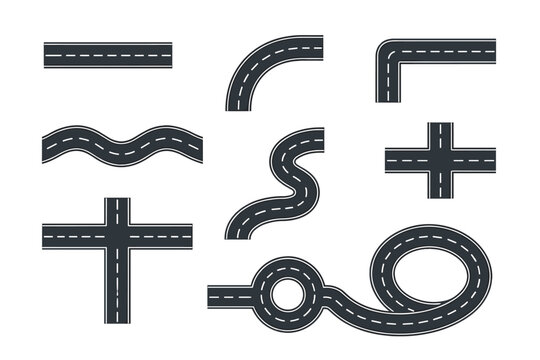 Collection of asphalt road segments with white dashed markings featuring straight, curved, wavy, crossroad, T-junction, roundabout, and loop shapes for map creation and navigation design.