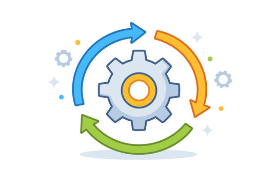 Settings Gear with Circular Arrows Representing Automation Process and System Updates, Workflow Optimization, Software Maintenance, and Technology Synchronization, Simple Flat Vector Illustration.