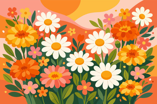 Vibrant Spring Floral Vector Illustration with White Daisies, Orange Marigolds, and Pink Flowers on a Retro Groovy Background. Modern 70s Style Garden Poster with Yellow and Orange Warm Colors.