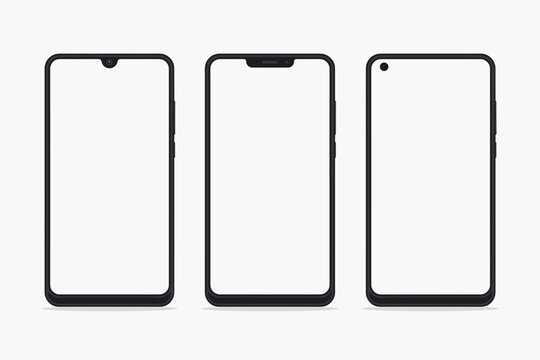 Three modern smartphone vector mockups showcasing various screen notch and front camera display designs like waterdrop, wide notch, and hole-punch for mobile app UI UX design and presentation.