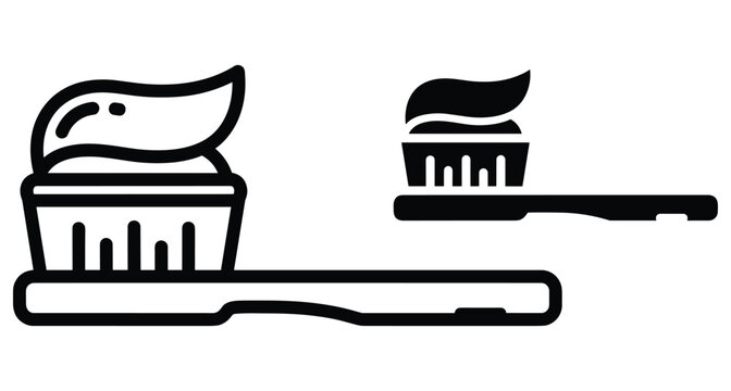 Toothbrush with toothpaste icon set in outline and solid black style for dental hygiene oral care morning routine cleaning symbols