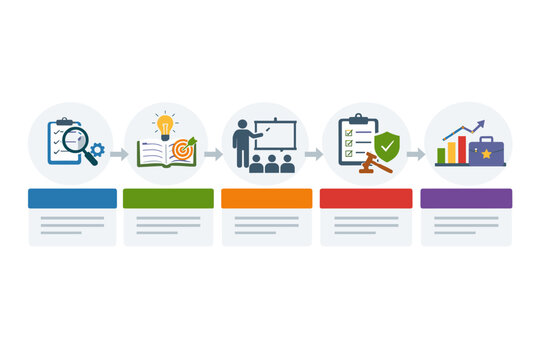 5 Steps Business Training Program Infographic for Staff Development, Regulatory Control, and Growth Strategy Flowchart Template with Icons for Analysis, Planning, Education, and Compliance