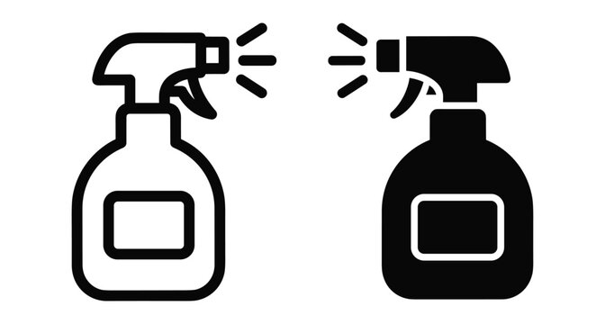 spray bottle icon set with outline and solid black versions for cleaning disinfectant sanitizer liquid spray nozzle trigger bottle design