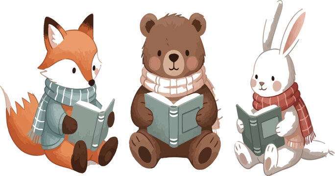 Whimsical woodland friends enjoying a cozy reading session together Vector