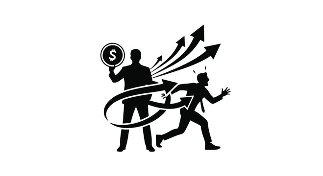 Businessman chasing another man with money and growth arrows