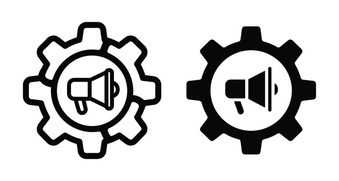 Megaphone inside gear icon set representing marketing automation digital strategy advertising management business optimization promotion tools and social media campaign settings