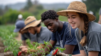 Fototapeta premium Diverse group of young adults participating in outdoor community gardening and planting organic vegetables
