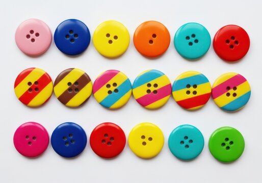Many colorful round sewing buttons arranged in neat rows together