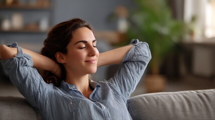 Obraz premium Young woman relaxing peacefully on a comfortable sofa, with eyes closed and hands behind her head, enjoying a moment of quietude at home