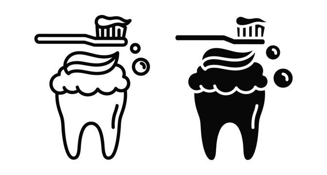 Toothbrush with toothpaste cleaning a human tooth with foam bubbles dental care hygiene icon set in line and silhouette style