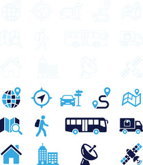 Fototapeta premium A collection of transportation and navigation icons on a white background for use in travel or logistics marketing materials.