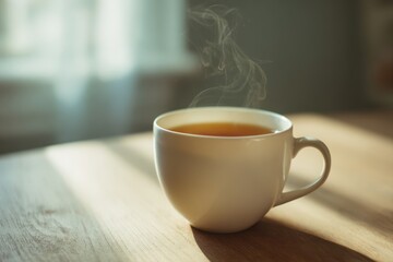 Obraz premium Minimal composition: a single cup of tea on a sunlit wooden surface