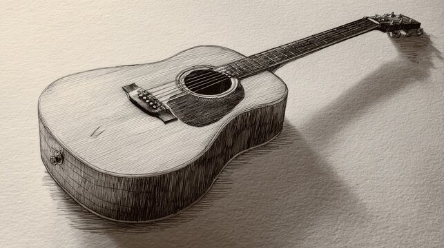 Monochrome acoustic guitar sketch: hand-drawn pencil and ink line art on textured paper