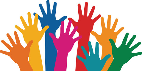 Fototapeta premium Vibrant colorful raised hands reaching up representing diversity and unity